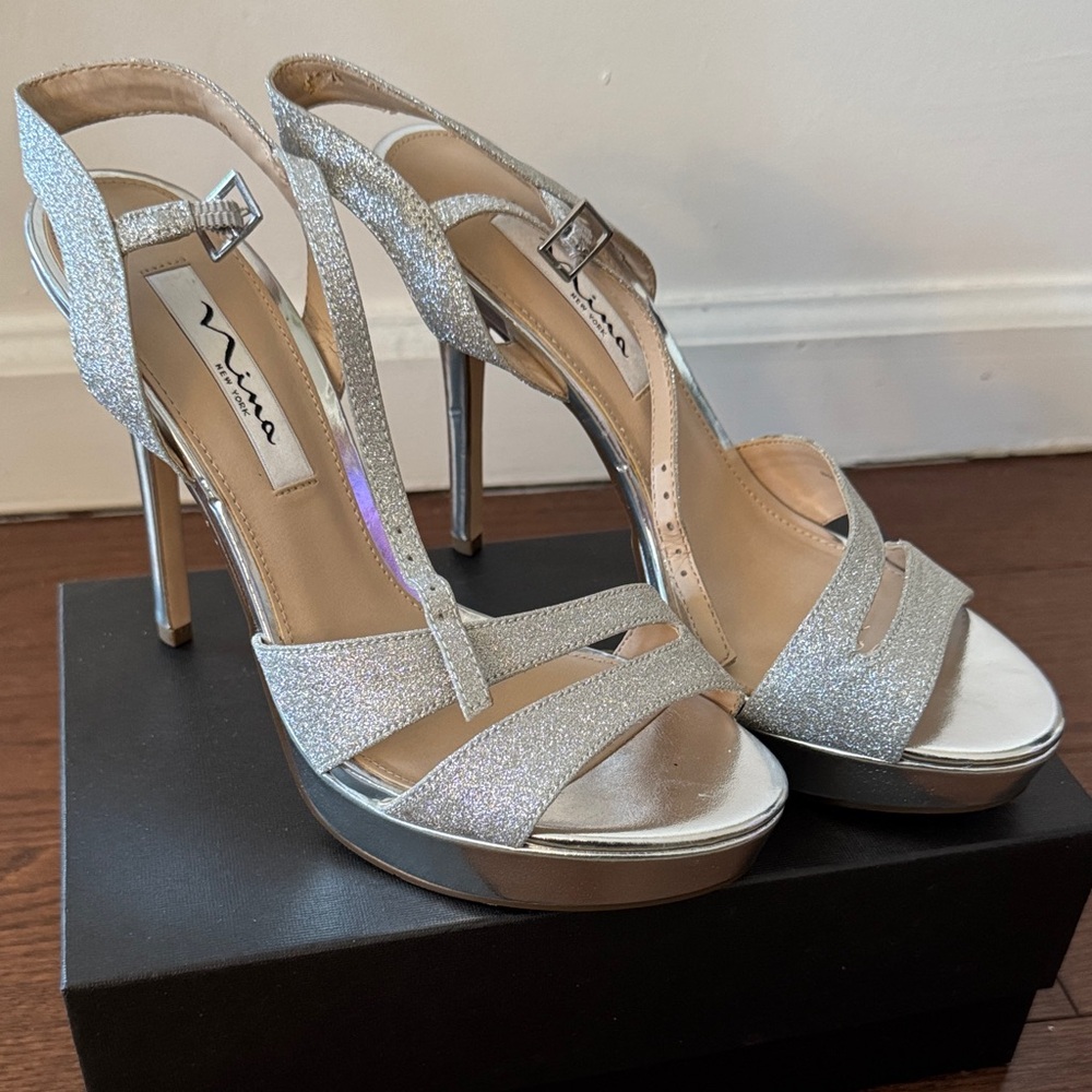Nina Shoes Silver Glitter Strappy Heels